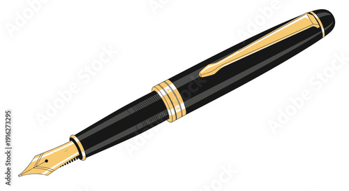 Elegant Black Fountain Pen with Gold Accents on White Background