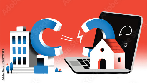 Illustration Of Office Building, House, Laptop With Energy Lines Connecting The Two Magnets Vector Design Template
