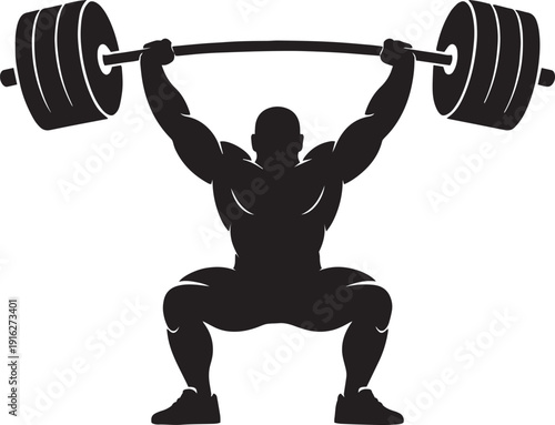 Weightlifter in motion performing a snatch lift with heavy barbell