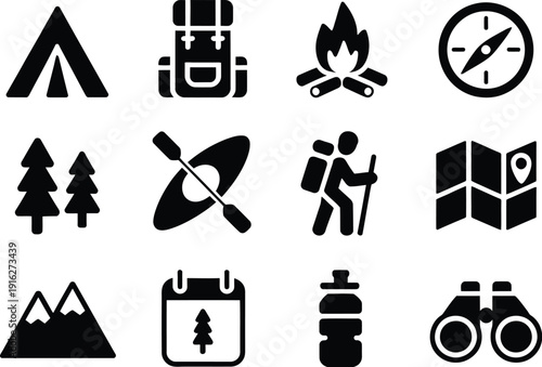 Black and white camping and hiking on white background tent