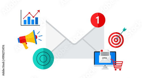 Email Marketing Strategy with Analytics, Megaphone, Target, and Shopping Cart