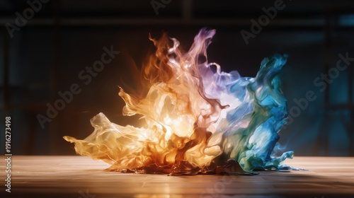 This mesmerizing image captures colorful flames swirling with energy, showcasing the beauty and dynamic nature of fire in an artistic representation of movement and intensity.