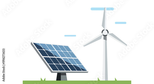 Solar panel and wind turbine, renewable energy concept illustration