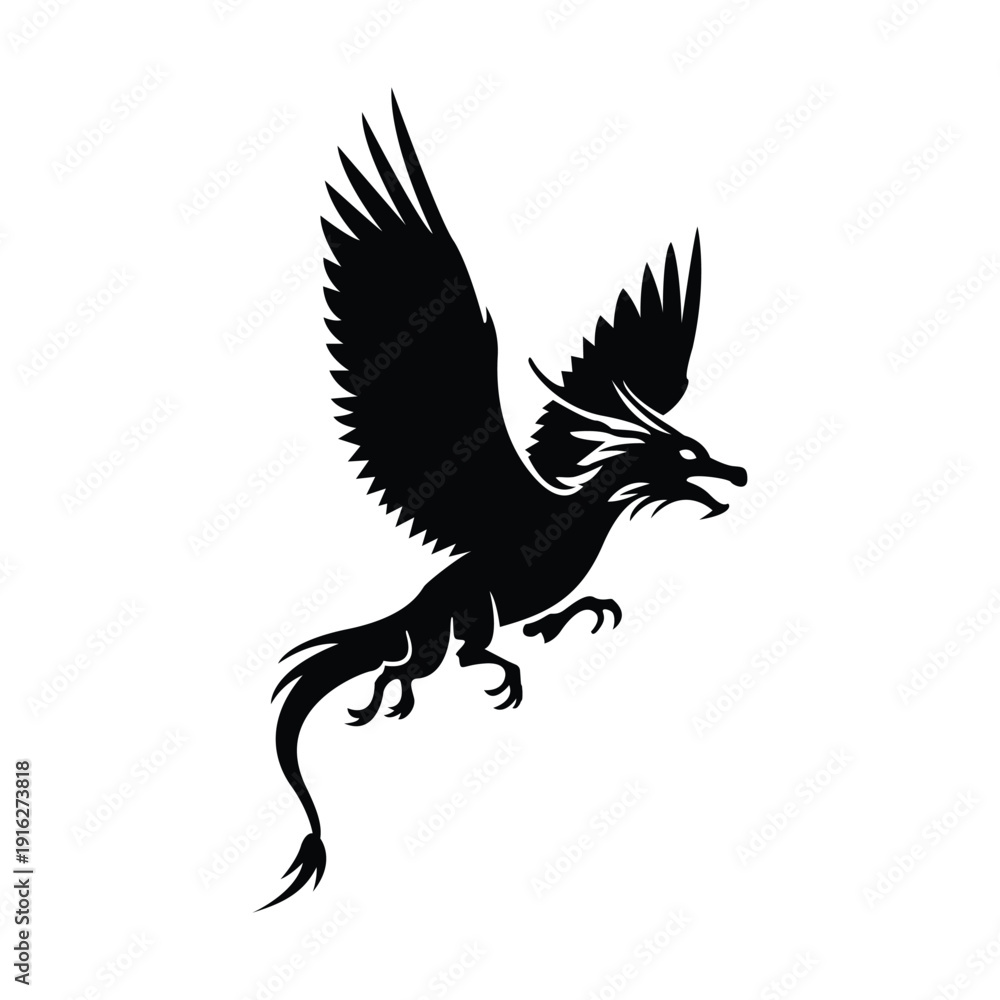 Fototapeta premium Black silhouette of a mythical dragon-like creature or phoenix in flight, with sharp details and wings spread.