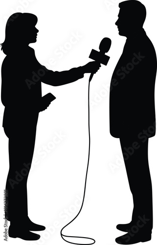 Silhouette of a female journalist interviewing a businessman with a microphone, news reporter recording a media press conference, flat vector illustration. (20 words)