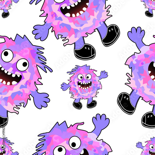 Seamless pattern with funny pink and purple fluffy monsters. Vector cartoon alien characters for children's design, textile, and wallpaper. Playful nursery print on white background.