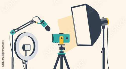 Vlogging Equipment Setup: Ring Light, Microphone, Camera on Tripod