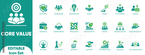 Core Value Solid icon set. marketing, goal, organization, passion, responsibility, teamwork, trust, strategic, value, and vector icons.