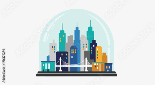 Cityscape inside a glass dome, urban environment protection