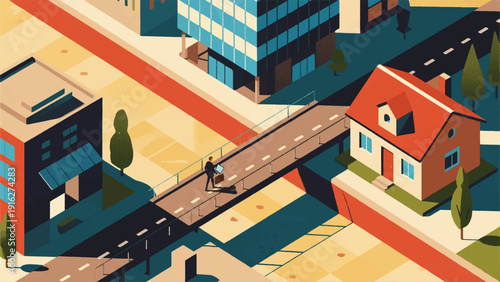 Illustration Of A Bridge Connecting Two Buildings, In The Middle Of The Bridge A Professional Is Walking While Carrying A Laptop And A Work Bag Vector Design Template