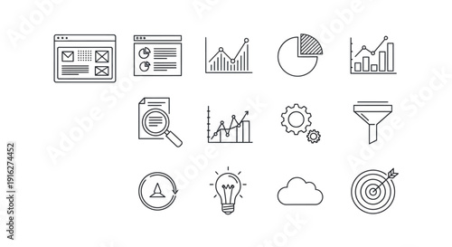 Business analytics and performance monitoring line icon collection designed for corporate dashboards, marketing reports, and financial analysis presentations. This modern minimal icon set includes cha