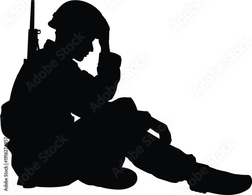 Silhouette of a tired soldier sitting on the ground with a rifle, depressed military man resting, flat vector illustration, isolated. (20 words)