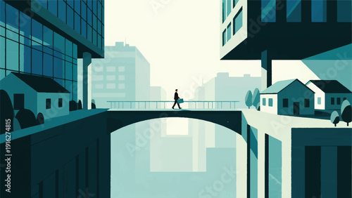 Illustration Of A Bridge Connecting A Glass Office Building And A House, A Professional Walks While Carrying A Laptop And A Briefcase Vector Design Template