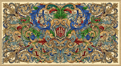 Intricate Illuminated Manuscript with Heraldic Crest.