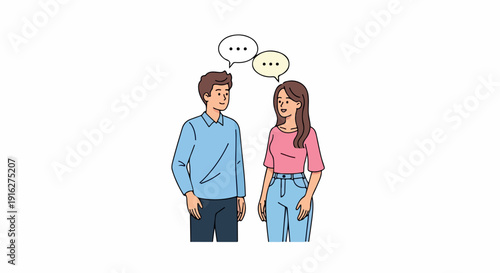 Illustration of a man and woman standing and talking with speech bubbles against a plain white background in a flat, cartoon style.