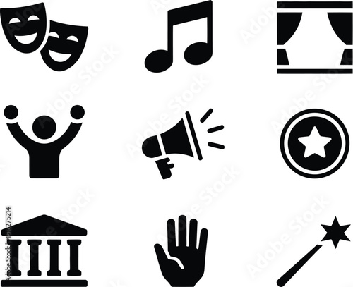 Black and white representing theater, music, awards, and performance masks