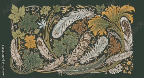 Vintage floral and feather decorative pattern with foliage and leaves.