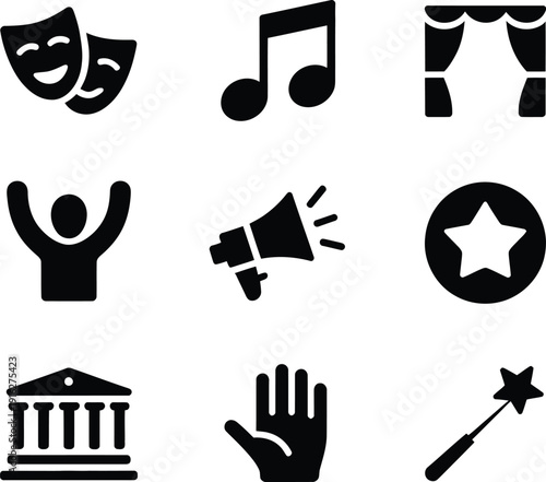 Black of theater masks, musical note, curtain, applause, megaphone, star, building, hand, magic wand