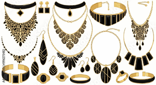 Luxury gold and black jewelry collection with various necklaces and accessories.