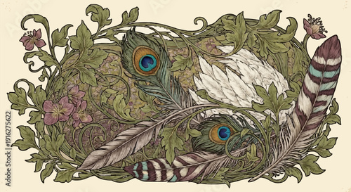 Vibrant peacock feathers nestled in lush foliage with flowers.