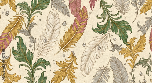 Colorful feather pattern on a cream background.