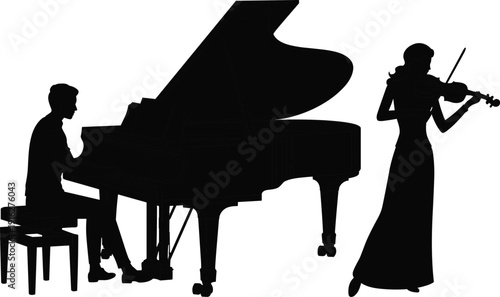 Silhouette of Professional Musician Duo Playing Grand Piano and Violin for Classical Music Concert Performance and Artistic Event Flat Vector Illustration.