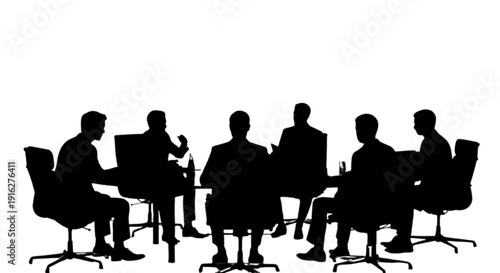 Silhouettes of people sitting in a meeting around a conference table