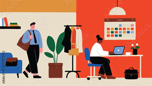 Illustration Of A Worker Preparing For Work With A Bag And Laptop At The Table, On The Wall There Is A Visual Calendar Vector Design Template