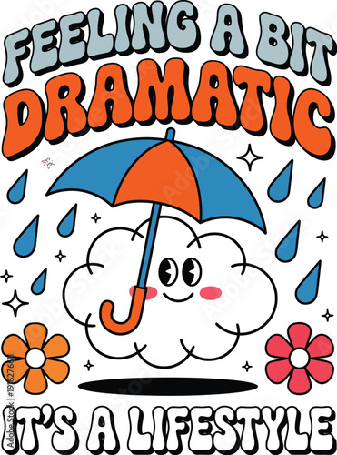 Cartoon cloud with umbrella and colorful text feeling a bit dramatic rain blue orange
