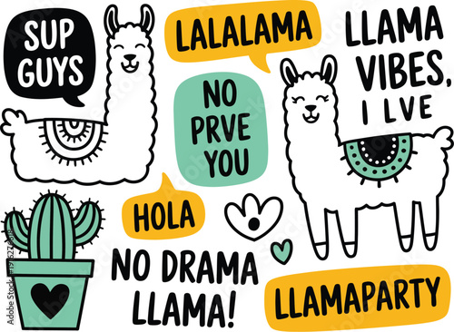 Colorful Llama with Text and Cactus yellow green