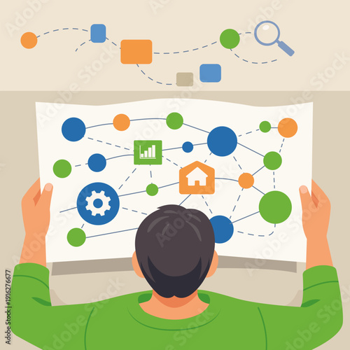 Flat vector illustration of a person analyzing a complex system map with connected nodes and icons. Concept of systems thinking, strategy planning, data relationships, and analytical decision making.