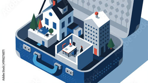 Illustration Of An Open Work Suitcase Containing A Miniature Office City And A Miniature House Side By Side Vector Design Template