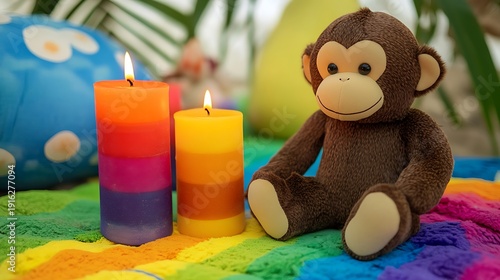 Stuffed monkey beside rainbow colored candles on a vibrant beach picnic