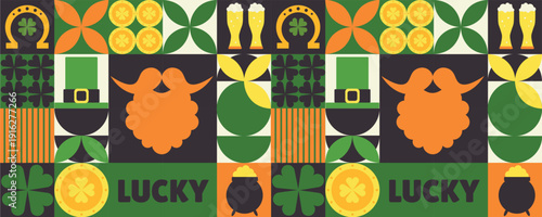  Saint Patrick Irish holiday pattern of geometric shape horseshoe and green ale beer mug with coins pot