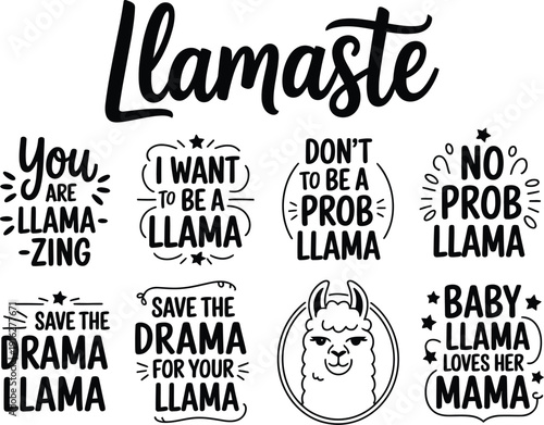 Black and white llama-themed text and collection with various phrases and a llama face