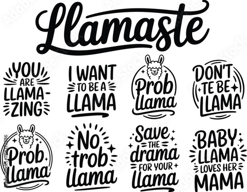 Black and white llama-themed text and on white background llamas