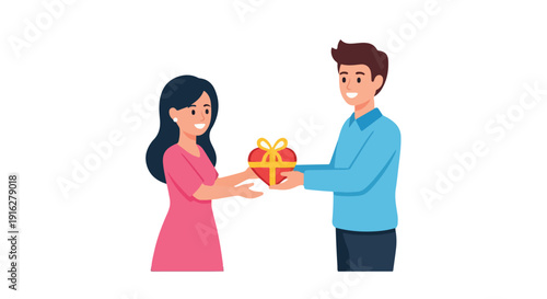 Cartoon illustration of a man and woman exchanging a wrapped gift with a bow on a plain white background.