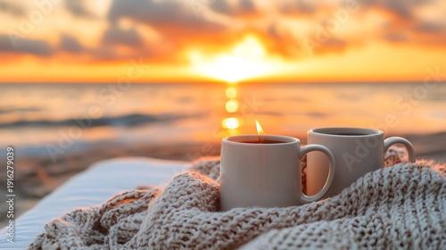Two coffee mugs on white lounger with cozy blanket and a romantic beach sunset