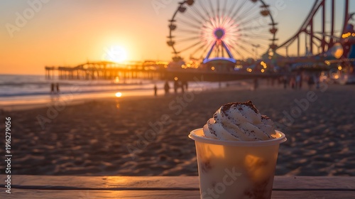 Tiramisu ice cream carnival rides in the background beach at sunset