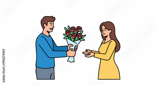 A man in a blue sweater presenting a bouquet of roses to a woman in a yellow dress against a clean white background with a cheerful mood.