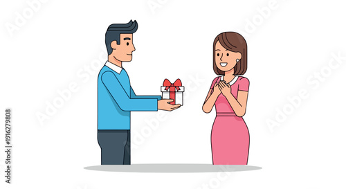 A man in a blue shirt giving a gift to a woman in a pink dress on a white background with a surprised expression.