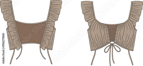 Brown ruffled shoulder strap corset front and back view flat fashion CAD flat corset
