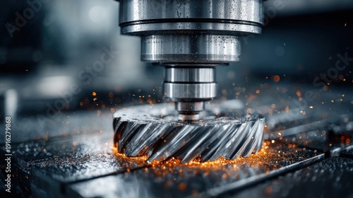 Precision machining of a metal gear with sparks flying from the cutting tool