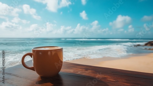 Wide angle shot of a coffee mug on lounger entire beach visible with distant waves