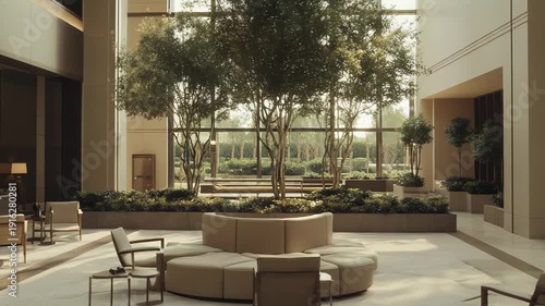 Spacious contemporary building atrium presenting an inviting lounge area with natural light, comfortable seating, and lush green plants integrated into the minimalist design