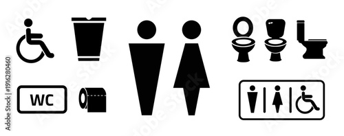 Toilet Sign Icons: A set of informative icons depicting facilities for men, women, individuals with mobility issues, baby care, and family-friendly access.