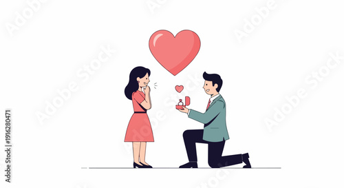 Illustration of a romantic proposal scene with a man kneeling and offering a gift to a woman, surrounded by floating hearts on a white background.