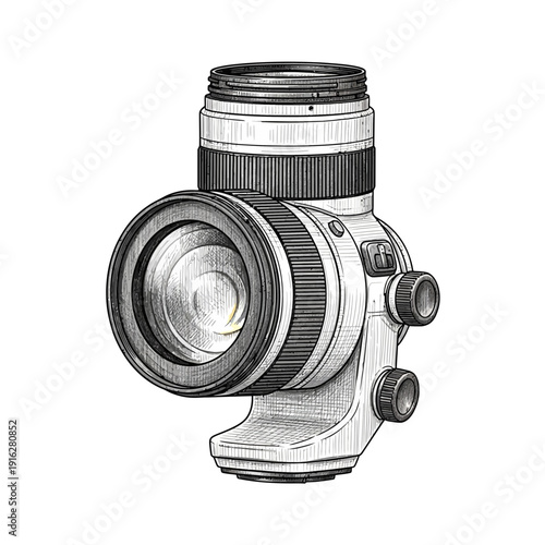 Professional camera lens sketch, photography equipment, monochrome illustration