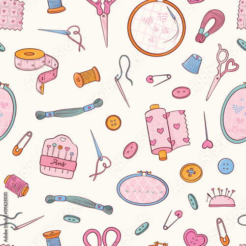 Seamless pattern with sewing and embroidery tools, threads, buttons, needles for textile prints, craft themes, wallpapers, digital paper, backgrounds and hobby designs. EPS 10
