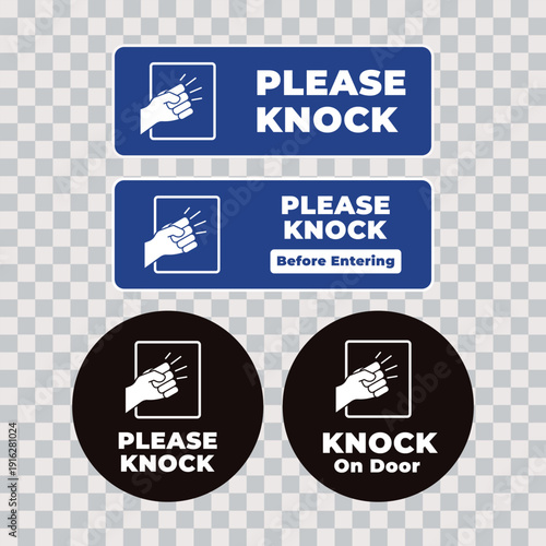 Professional Please Knock sign set featuring rectangular and circular layouts with a clear knocking hand icon